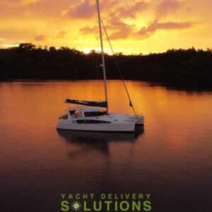 Seawind 1260 from a drone at sunset taken by yacht delivery skipper