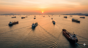 Heavy shipping in the Malaca Strait at sunset