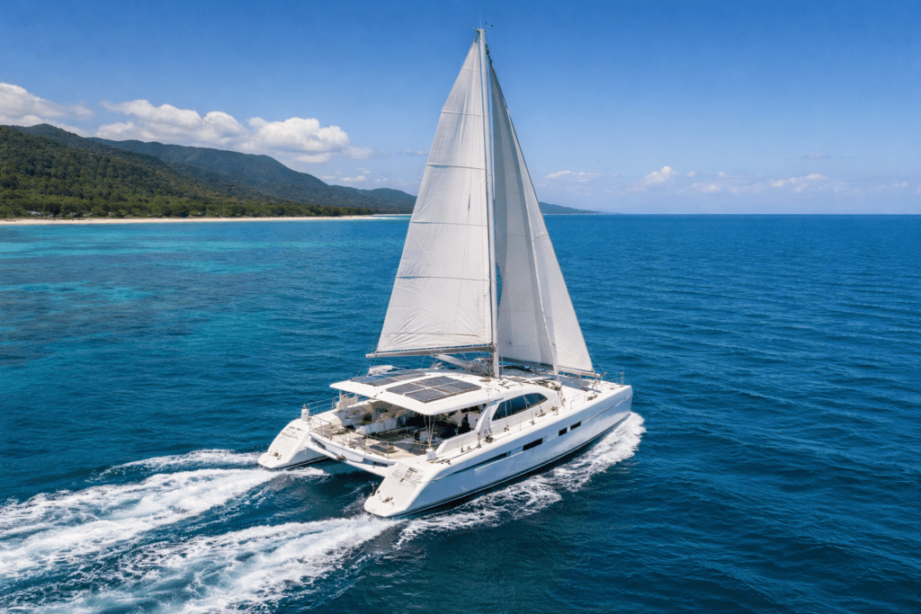 white sailing catamaran phuket for yacht delivery in blue water