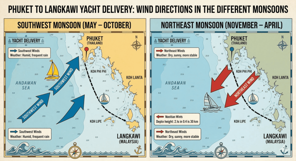 image showing the wind direction in the monsoon seasons for yacht delivery phuckt to langkawi and back
