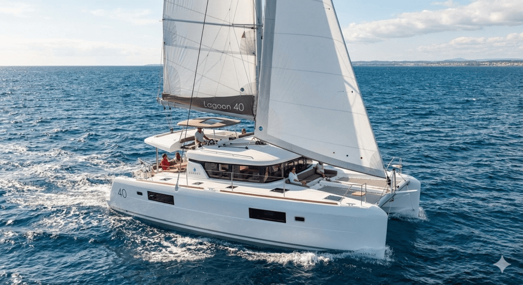 white catamaran sailing in thailand phuket