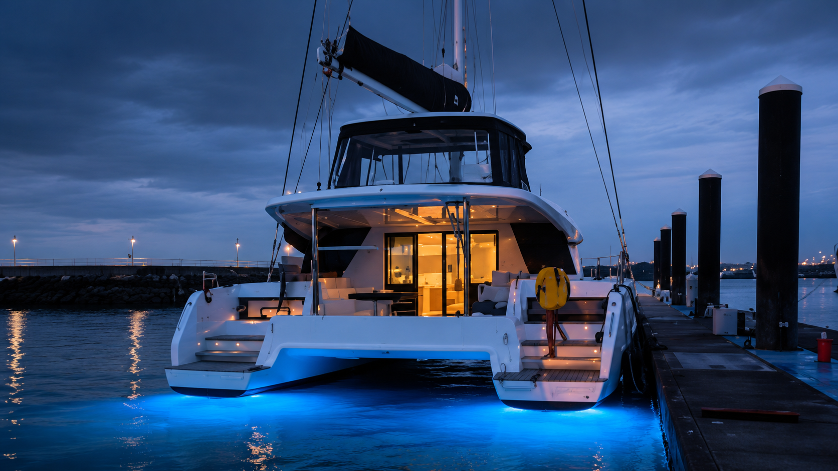 yacht delivery lagoon asia singapore blue lights underwater
